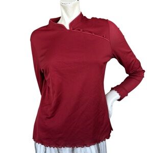 Y2K Qipao Inspired Gothic Grunge Red Long Sleeve Slinky Lettuce Trim Top LP